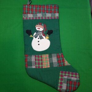 Vintage Quilted Red & Green Snowman Christmas Stocking Holiday Retro 2000's